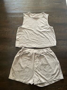 Essentials Rene Rofe Neutral Lounge Crop Top and Relaxed Shorts Set